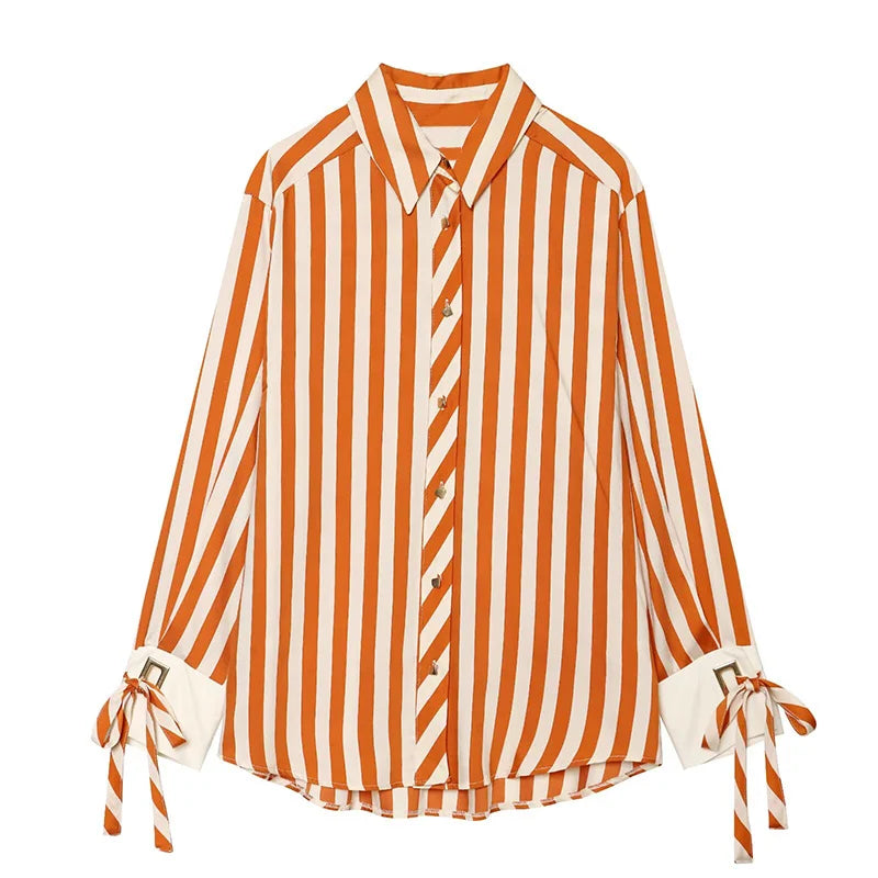 Women's Shirt 2026 Fashion Bow-tie Striped Top Long Sleeve Elegance Chic Daily