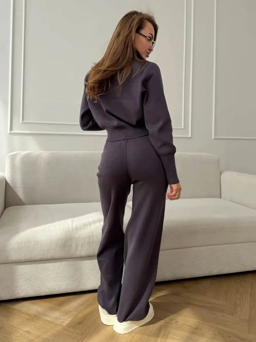 Women's Knit 2-Piece Set Zip-Up Stand Collar Cardigan Wide-Leg Ankle Pants Office Lady Autumn Winter Outfit