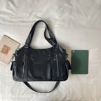 Women's Hobo Bag Vintage Large-Capacity Soft PU Leather Rivet-Accent Zipper Shoulder Bag with Phone Pocket