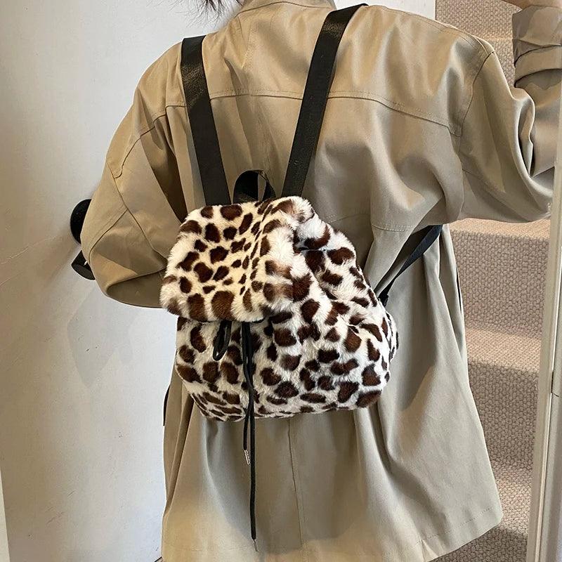 Faux Fur Small Leopard Backpacks Women's Flap Drawstring Soft Solid Shoulder Bag