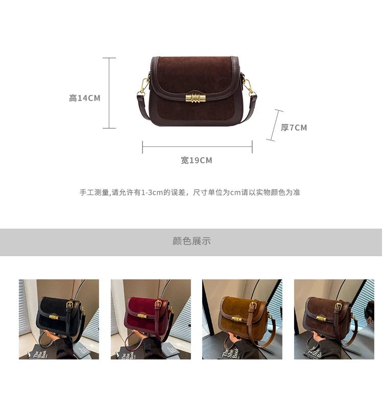 Retro Faux Suede Brown Crossbody Bags Women Flap Small Square Casual Bag