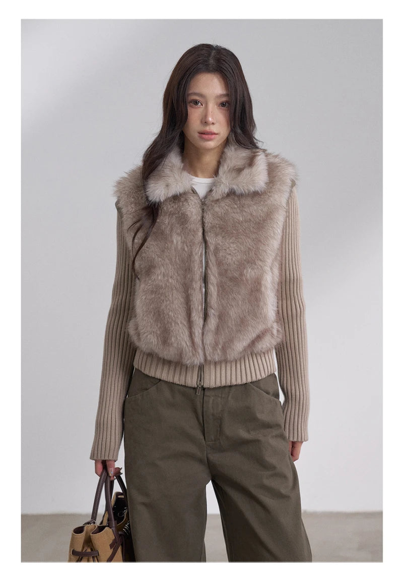 Women's Cropped Faux Fur Jacket with Ribbed Knit Sleeves