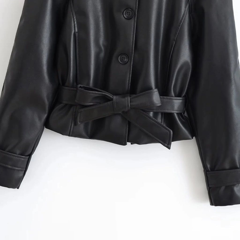 Women's Faux Leather Casual Fashion Jacket Belted Stand-Collar Button-Front Coat
