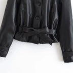 Women's Faux Leather Casual Fashion Jacket Belted Stand-Collar Button-Front Coat