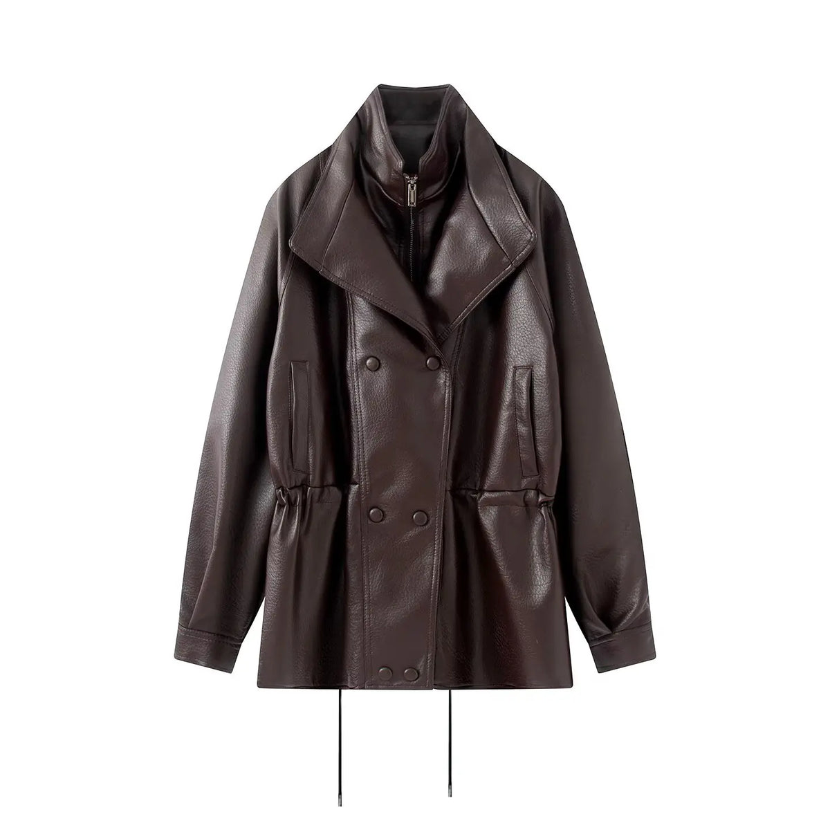 Women Fashion PU Solid Drawstring Double Breasted Jackets Vintage High Neck Long Sleeves Female Chic Lady Outfits