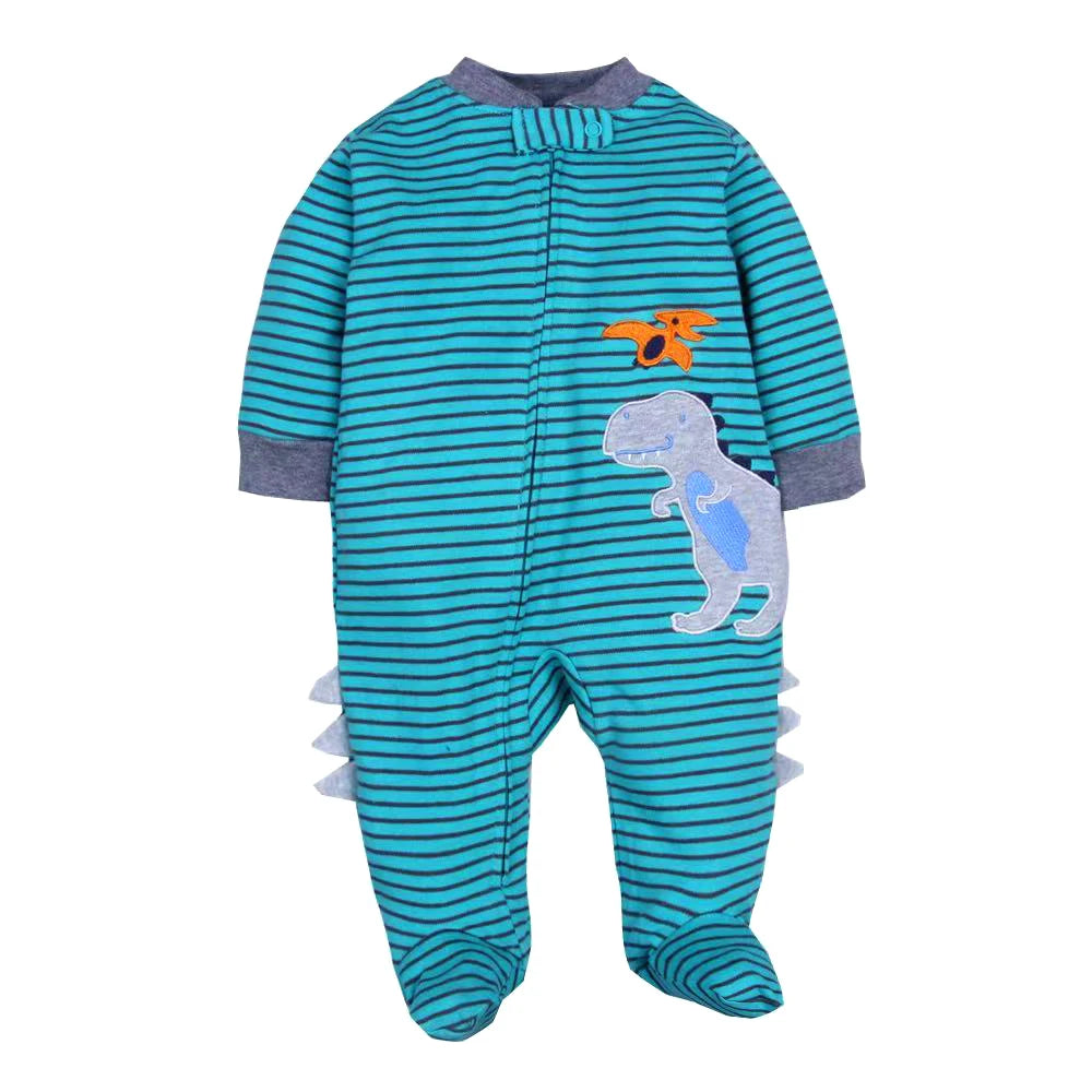 Teal and black striped dinosaur romper with spikes, grey cuffs, and pterodactyl T-Rex appliqués