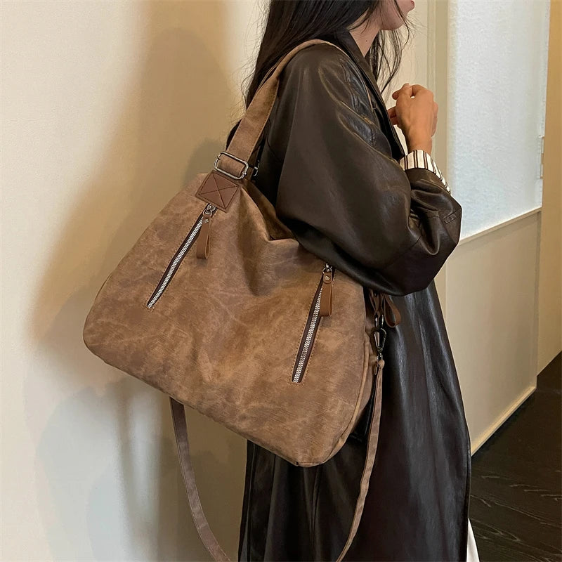 Women's Faux Leather Shoulder Bag with Zipper Closure