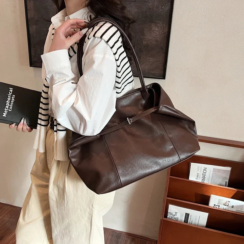 Large Tote Bags Women's Soft PU Leather Belt Lock Snap Handbags