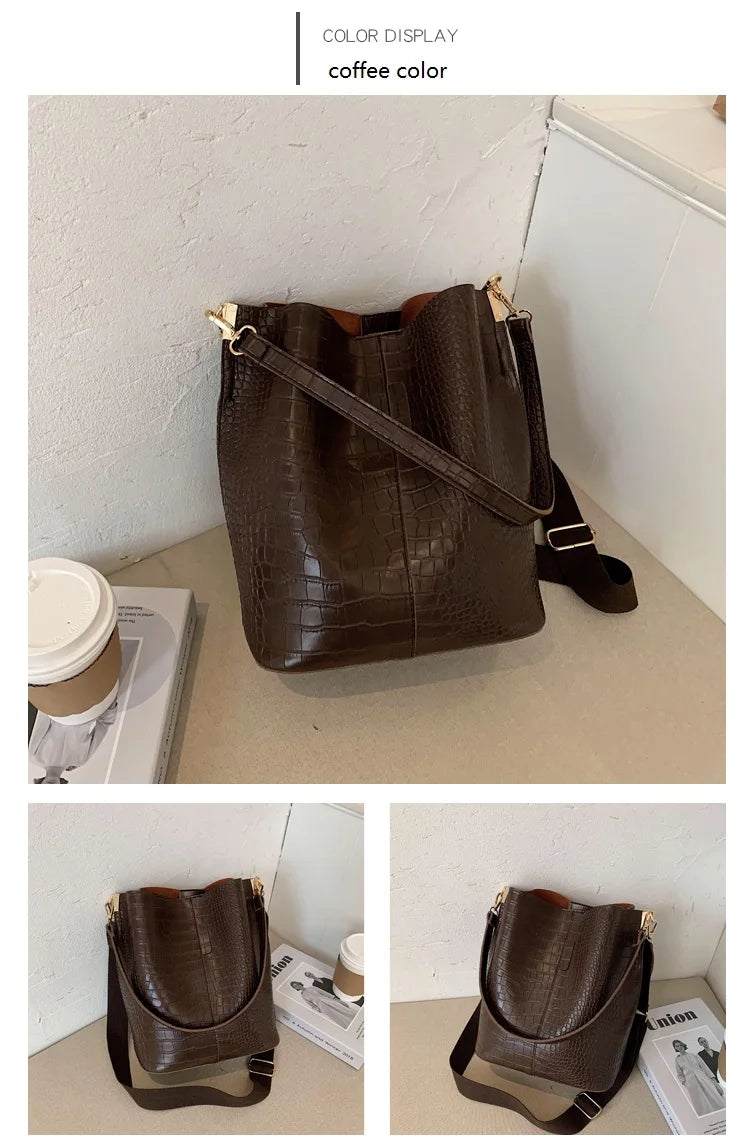 Women Bag Vintage Crocodile Pattern Crossbody Bags PU Leather Trend Designer Shoulder Handbags Large Capacity Bucket