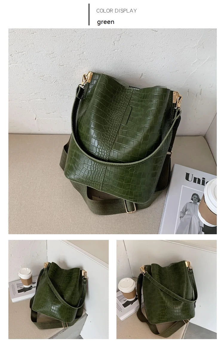 Women Bag Vintage Crocodile Pattern Crossbody Bags PU Leather Trend Designer Shoulder Handbags Large Capacity Bucket