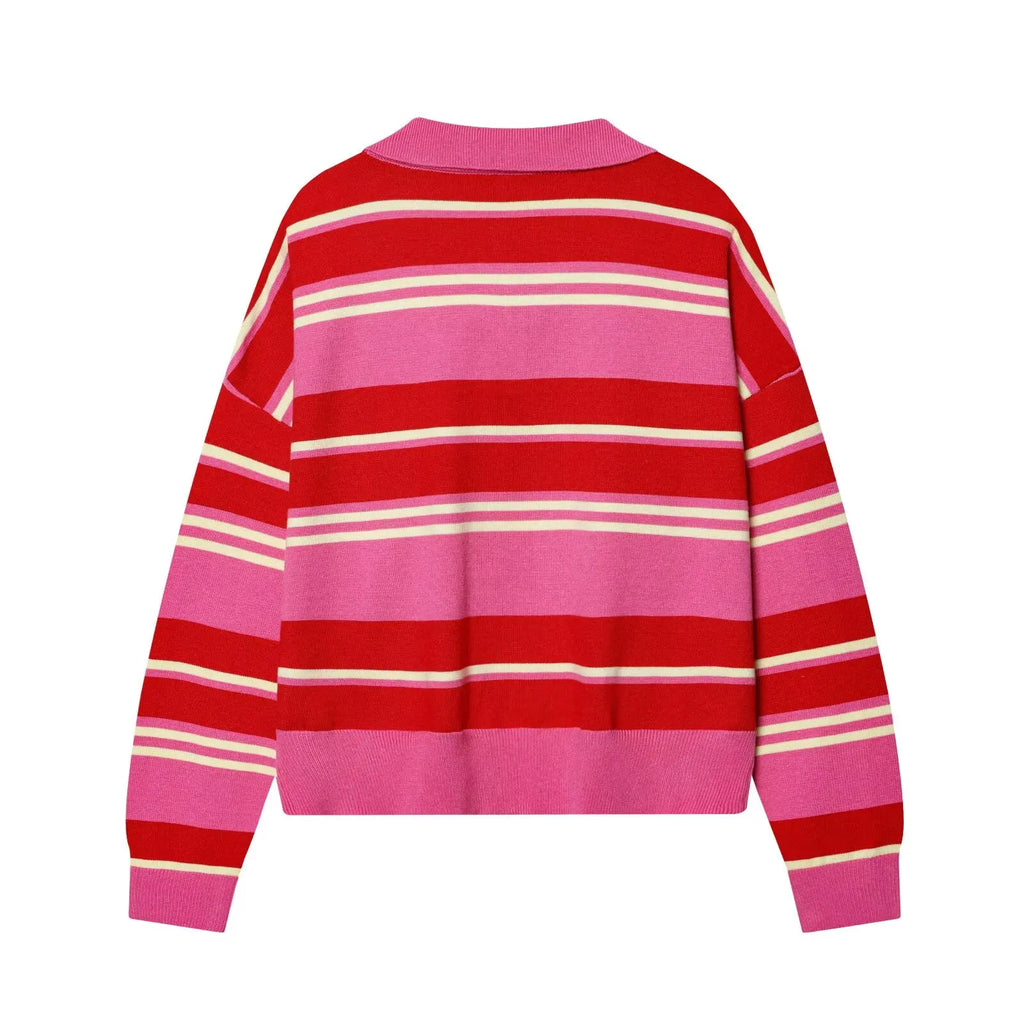Women's Striped Polo Sweater Casual Long Sleeve Loose Pullover