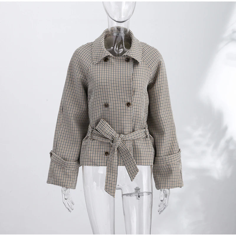 Women's Jacket Polyester Plaid Loose Stand Collar Full-Zip Full-Sleeve Casual Autumn Outerwear