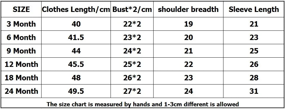 Detailed size specification chart for baby clothing listing measurements in centimeters for sizes 3 Month to 24 Month,