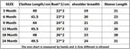 Detailed size specification chart for baby clothing listing measurements in centimeters for sizes 3 Month to 24 Month,