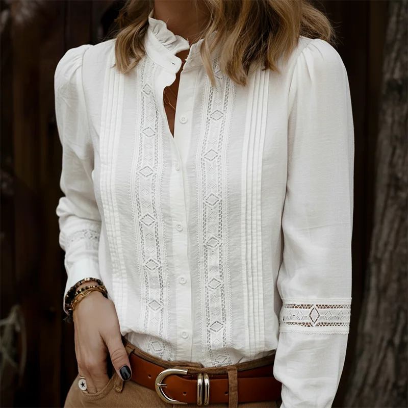 Women's Shirt Ruffle French Retro Round Collar Long-Sleeved Top Buttoned US & EU Style