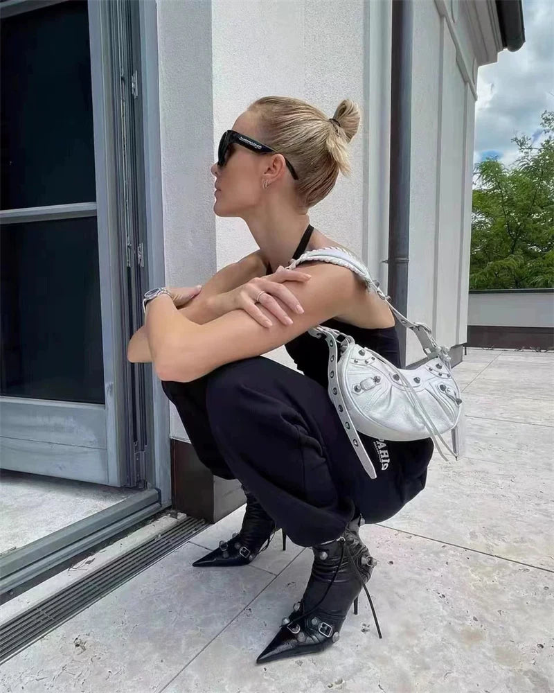 Women's Studded Pointed-Toe Ankle Boots with Kitten Heels