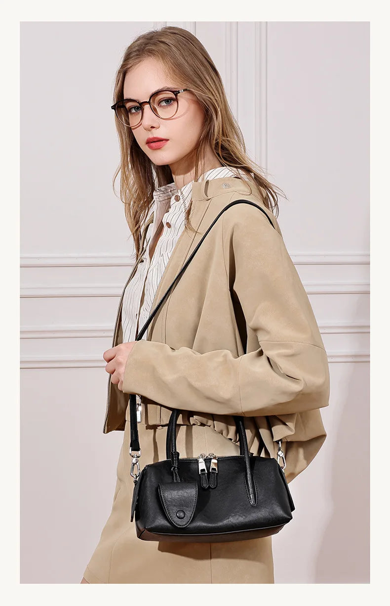 Women's Genuine Leather Bowling Shoulder Bag – Vintage Cowhide Crossbody