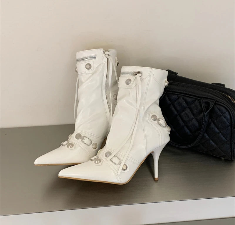 Women's Studded Pointed-Toe Ankle Boots with Kitten Heels
