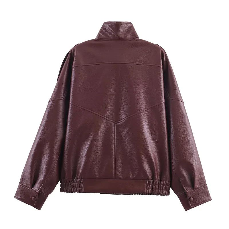 Women's Jacket Pebble Faux Leather Full-Sleeve Moto-Style Zipper Casual Coat