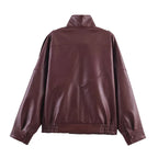 Women's Jacket Pebble Faux Leather Full-Sleeve Moto-Style Zipper Casual Coat