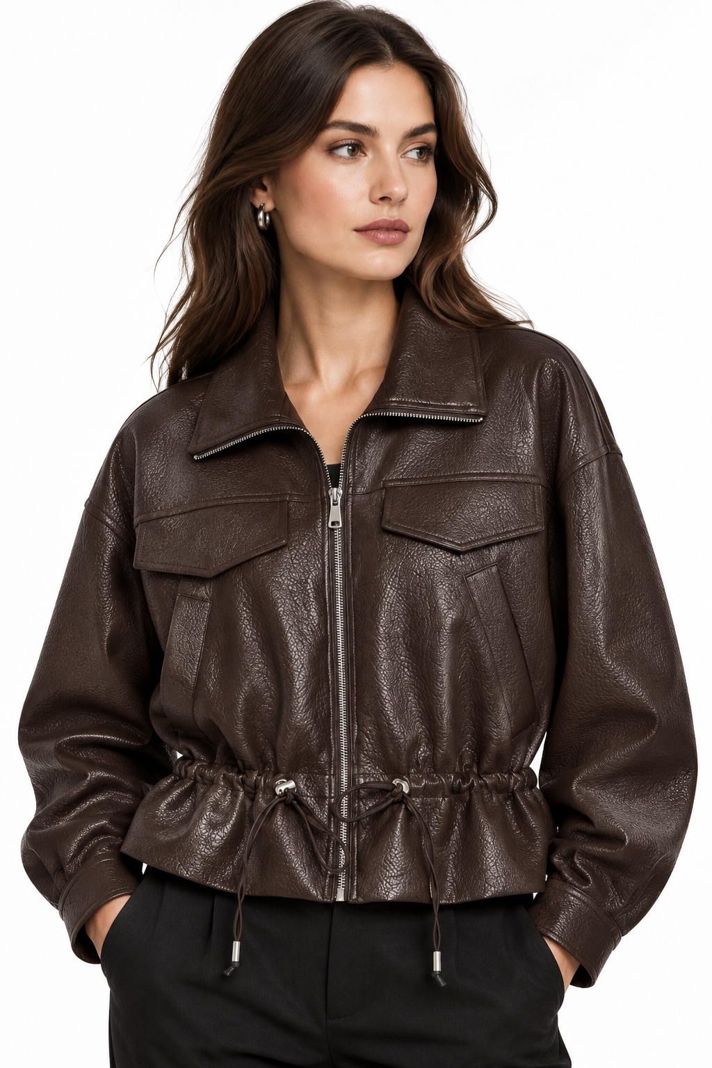 Women's Jacket Solid Faux Leather Drawstring Pleated Full-Zip Turn-Down Collar Loose Thick Streetwear Coat