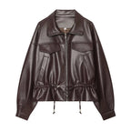 Women's Jacket Solid Faux Leather Drawstring Pleated Full-Zip Turn-Down Collar Loose Thick Streetwear Coat