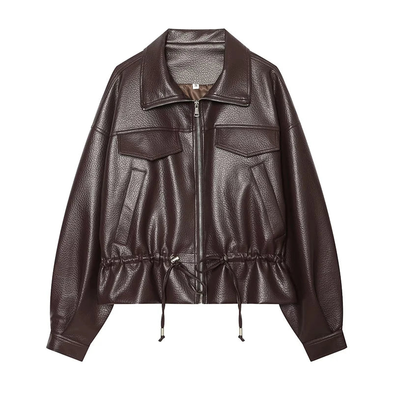 Women's Jacket Solid Faux Leather Drawstring Pleated Full-Zip Turn-Down Collar Loose Thick Streetwear Coat