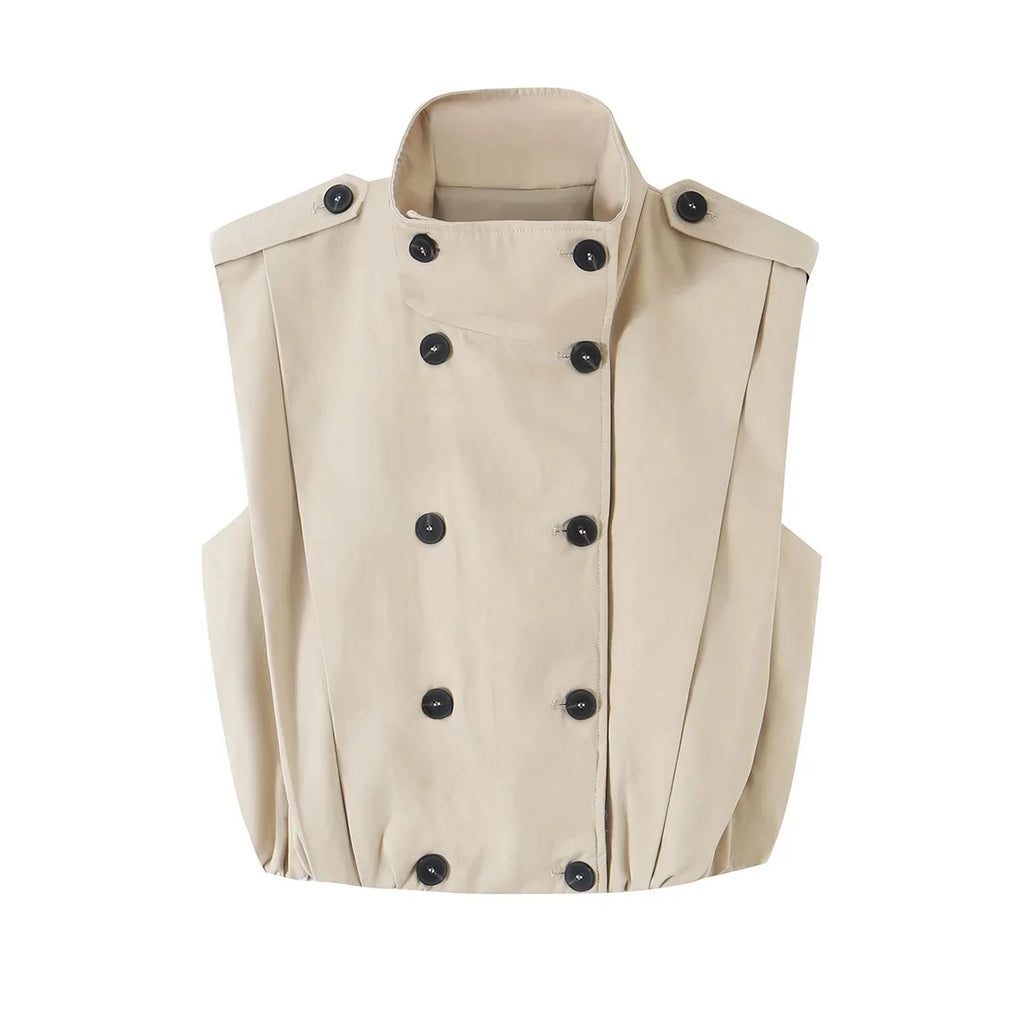Casual Chic Women Tank Vest Top Stand Collar Double Breasted Sleeveless Top Fashion