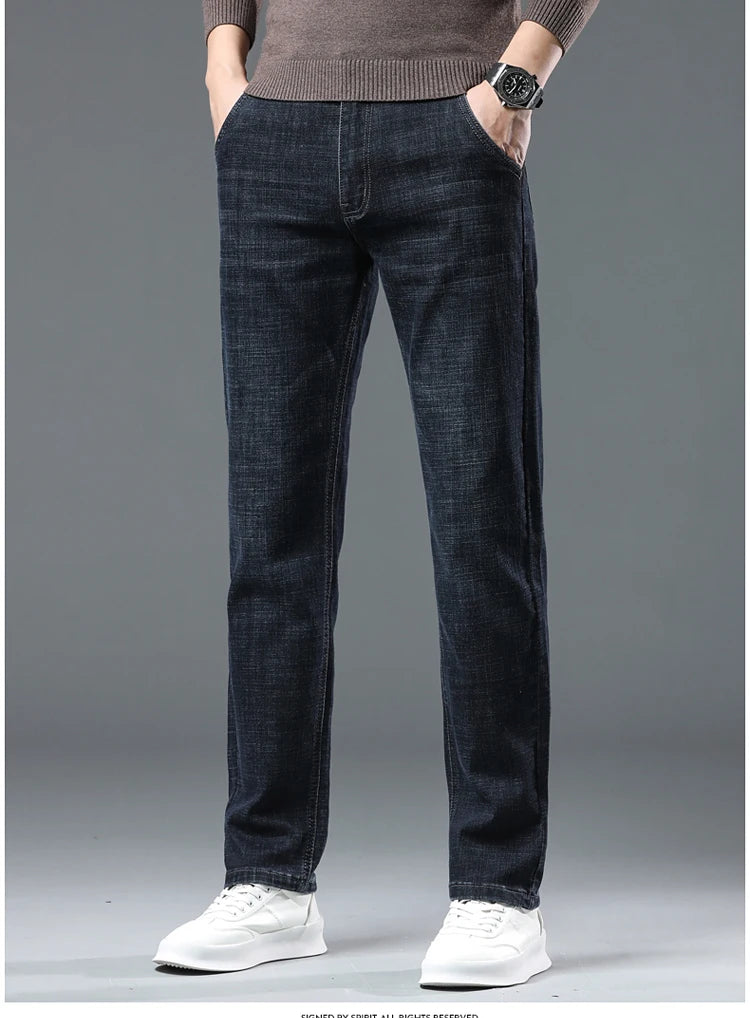 New High Quality Jeans Men's Business Casual Straight Denim Pants Stretch Fashion Classic Work Trousers Blue Black Male