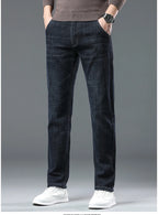 New High Quality Jeans Men's Business Casual Straight Denim Pants Stretch Fashion Classic Work Trousers Blue Black Male