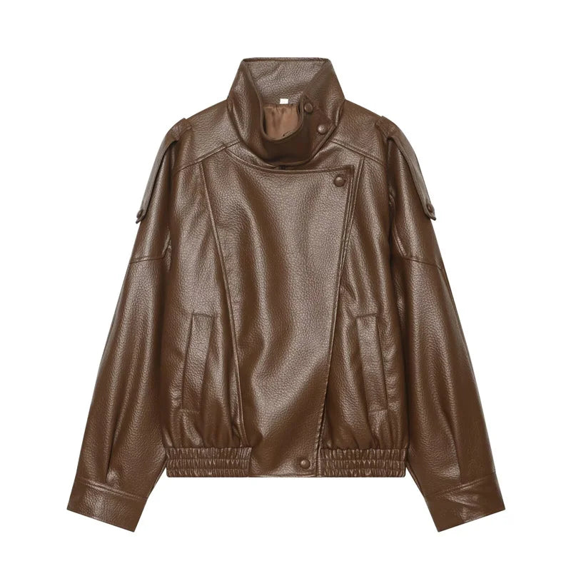 Women's Jacket Pebble Faux Leather Full-Sleeve Moto-Style Zipper Casual Coat