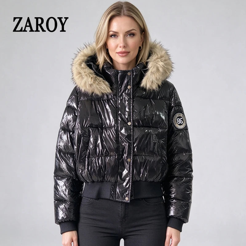 Women's Glossy Hooded Puffer Jacket with Faux Fur Trim