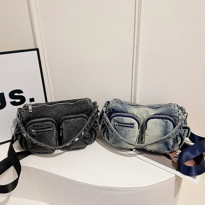 Denim Small Shoulder Bag Women Zipper Outer Pockets Retro Crossbody Purses