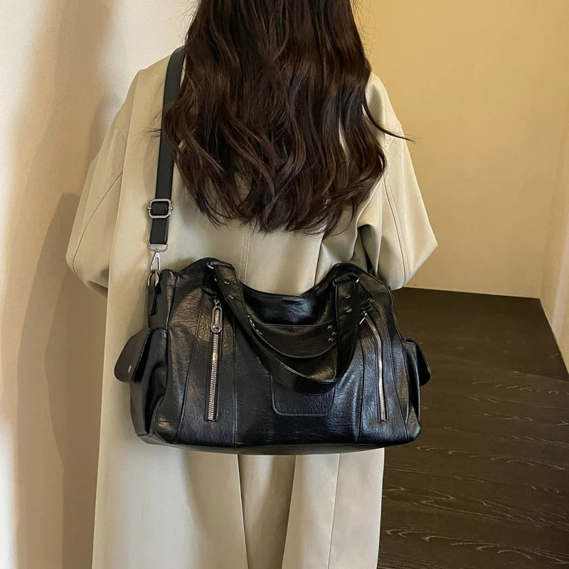 Women's Hobo Bag Vintage Large-Capacity Soft PU Leather Rivet-Accent Zipper Shoulder Bag with Phone Pocket