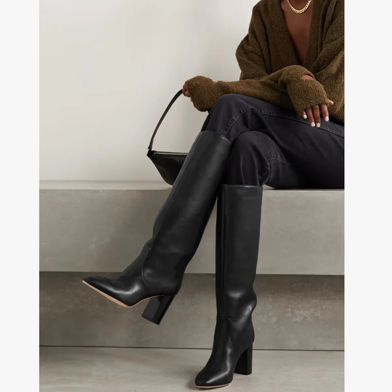 Arden Furtado Women's Genuine Leather Knee-High Riding Boots – Round Toe Square Heel