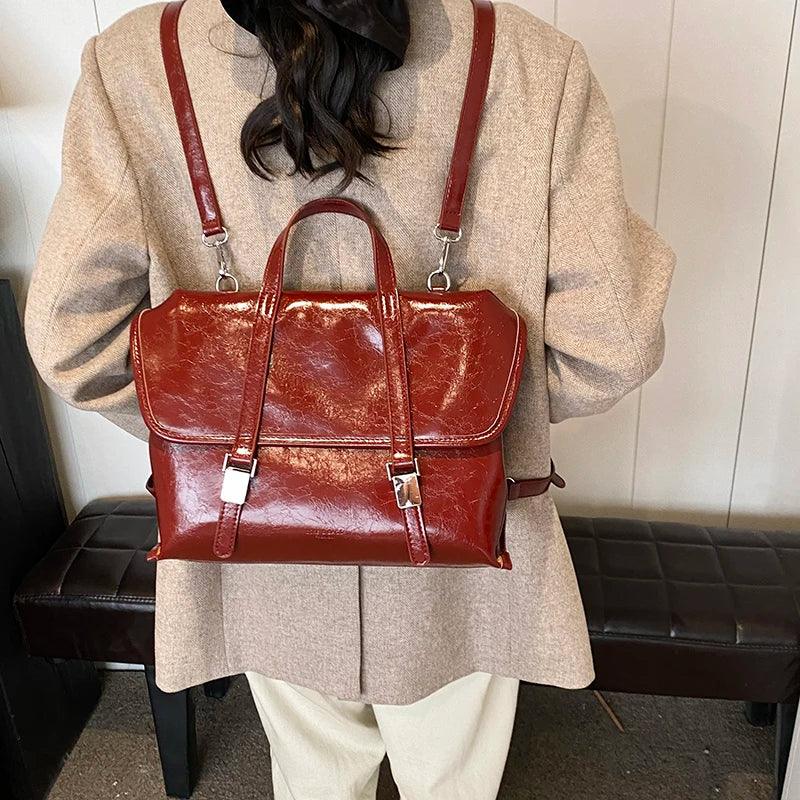 Large Leather Handbags Tote Satchel Flap Push Lock Women Retro Backpacks Purses