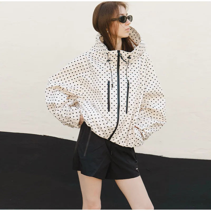 Polka Dot Hooded Women's Jacket Chic Turtleneck Zipper Long Sleeve Pockets Thin Coat 2026 Autumn Outerwear