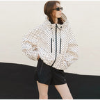 Polka Dot Hooded Women's Jacket Chic Turtleneck Zipper Long Sleeve Pockets Thin Coat 2026 Autumn Outerwear