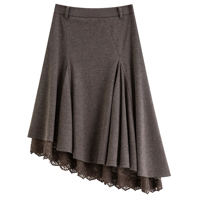 Women's Woolen Skirt Lace Panel Asymmetric Hem A-Line Empire Waist Mid-Calf Knit Casual Office Winter