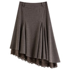 Women's Woolen Skirt Lace Panel Asymmetric Hem A-Line Empire Waist Mid-Calf Knit Casual Office Winter