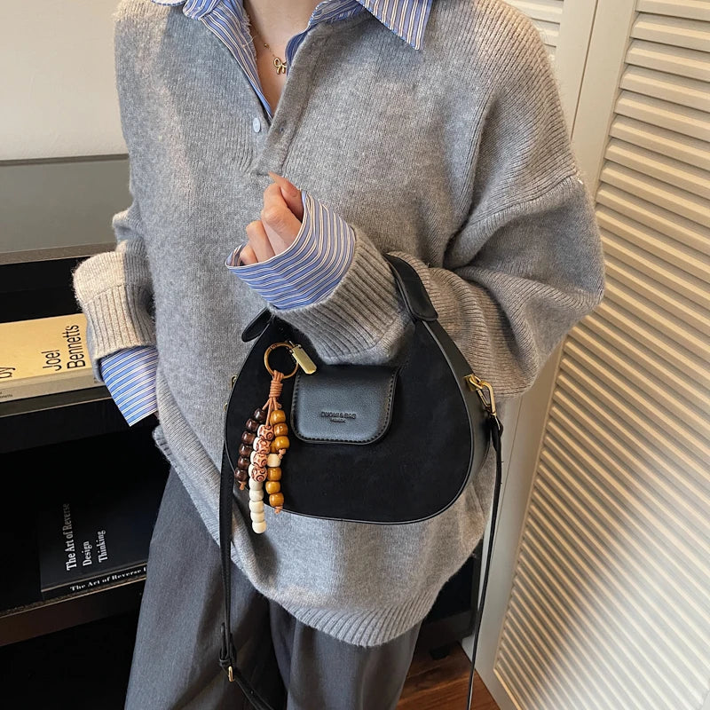 Women's Retro PU Leather Small Saddle Bag – Crossbody Shoulder Handbag with Pendant