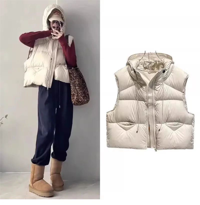 Women's Hooded Quilted Puffer Vest with Pockets