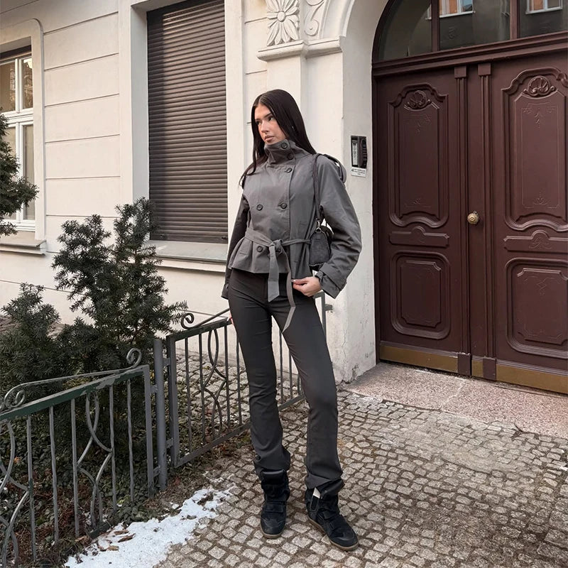 Women's Jacket Solid Lace-Up Double-Breasted Turn-Down Collar Full-Sleeve High-Waist Short Streetwear Coat