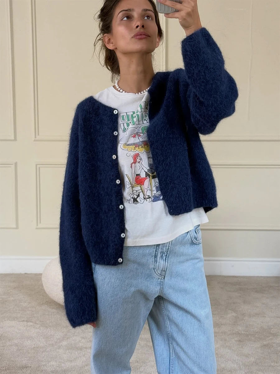 Women's Cardigan Single-Breasted O-Neck Button Knit Regular Fit Full-Sleeve Office Lady Spring Autumn Sweater