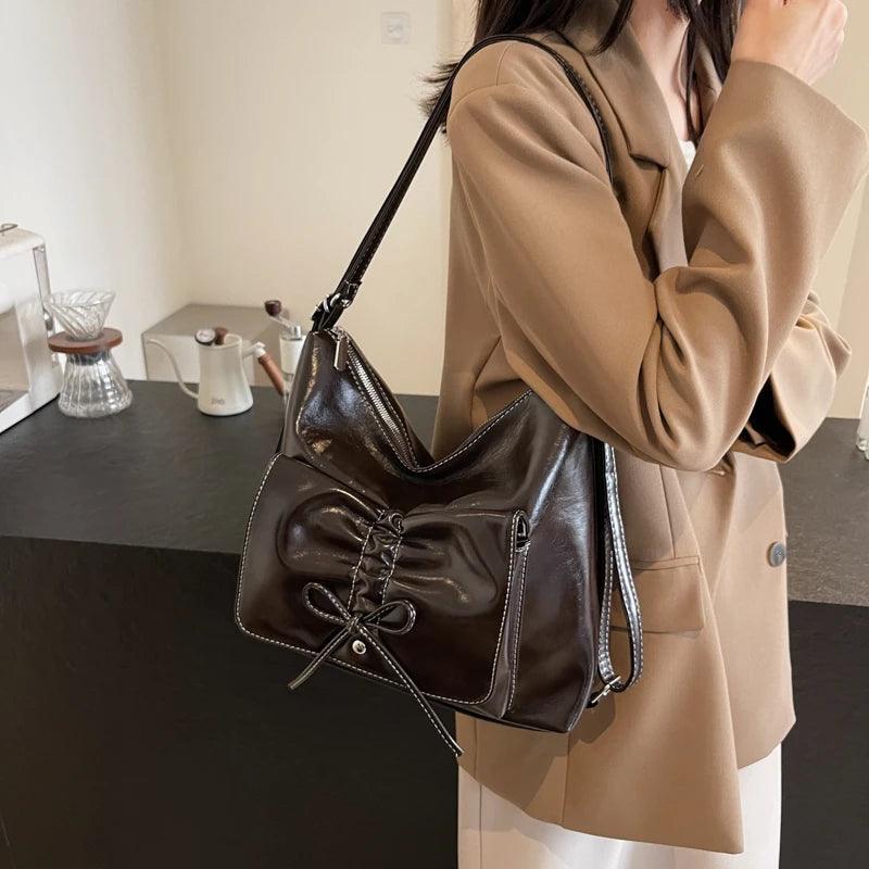 Leather Shoulder Bags Medium Women Flap Bow Drawstring Outer Pocket Zip Backpack