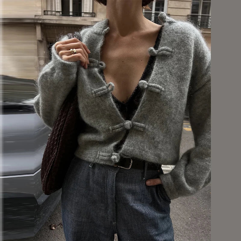 Elegant Knit Grey Women's Cardigan Autumn Winter Fashion Long Sleeve Button O-neck Female Knitwear 2026 Chic Lady Sweater