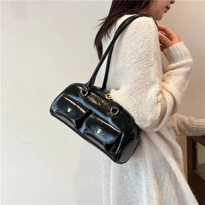 Double Snap Pockets Retro Leather Shoulder Bags Women Zipper Tote Handbags