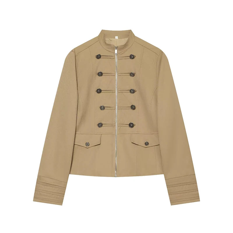 Casaco Feminino Estilo Militar com Fecho e Detalhes de Botões