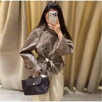 Women's Jacket Polyester Plaid Loose Stand Collar Full-Zip Full-Sleeve Casual Autumn Outerwear