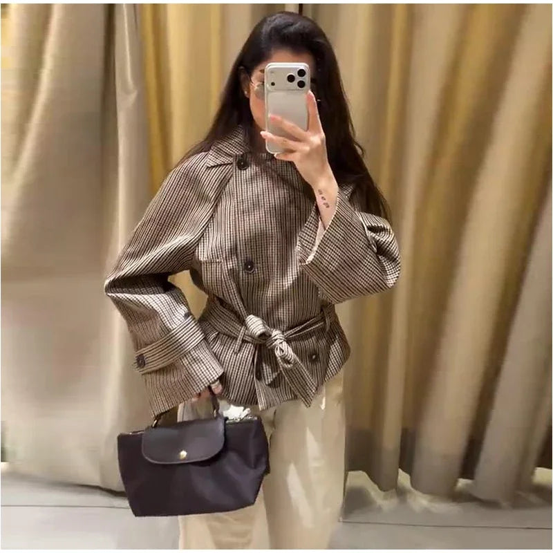 Women's Jacket Polyester Plaid Loose Stand Collar Full-Zip Full-Sleeve Casual Autumn Outerwear